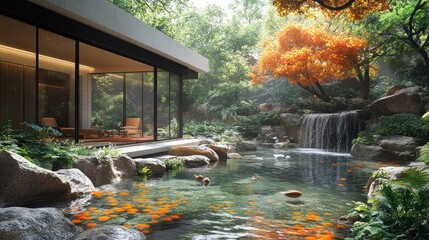 Poster - Tranquil garden with a modern house, pond, and vibrant foliage.