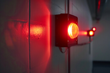 A bright red warning light installation on a metal wall emphasizing safety, alertness and caution in the work environment. AI generate 