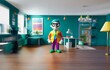 © joeycheung - A colorful cartoon character stands in a teal-colored room, wearing a yellow jacket and a rainbow tie.