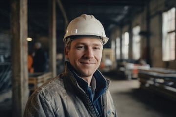 Portrait of a Young Man Engineer, Manager or Worker in a White Safety Helmet in a Ffactory or Warehouse. Male at Work