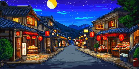 8-bit pixel art, street scene of an old Japanese village with lanterns and food stalls at night