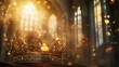 © Postproduction - Luxurious gold crown with gems before blurred gothic cathedral. crystal and glass light leaks enhance ethereal, majestic mood.