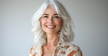 Close-up portrait of a beautiful senior woman with white hair smiling warmly against a neutral background