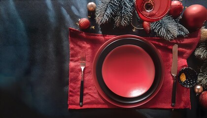 Red and black Christmas background concept Elegant Christmas table setting in red and black.