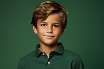 Portrait of a young boy in a green shirt on a green background.