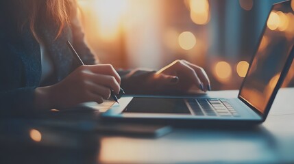 Wall Mural - Woman's Hand Writing on a Laptop with Bokeh Lights in the Background