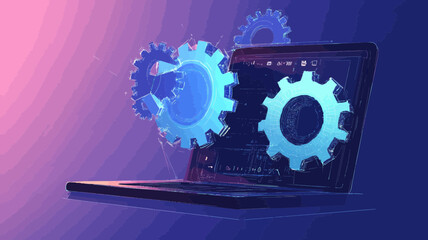 Wall Mural - low poly gears on laptop screen flat minimalist svg vector, technology integration concept, digital 