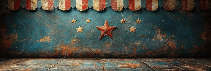 Sticker - Vintage Americana Background with Rustic Wall and Star Decorations