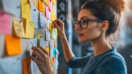 Wall Mural - Woman with Glasses Arranging Colorful Sticky Notes on Whiteboard