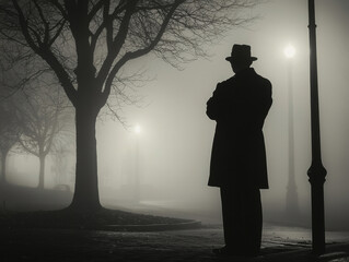 A man in a hat stands in the fog, looking to his left