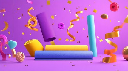 Colorful  D Shapes with Confetti and Ribbons on Purple Background