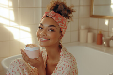 African American happy woman holding skincare cream, bright bathroom, modern packaging, copy space. Concept: beauty eco product design, skincare