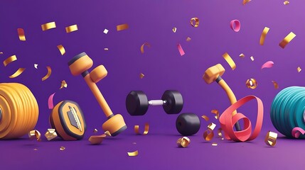 Fitness Celebration   Dumbbells  Weights  and Confetti on Purple Background