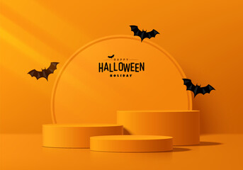 3D orange round podium background in halloween festival concept. Abstract composition in vector minimalist design. Studio display showroom stand product pedestal, Fashion stage showcase mockup scene.