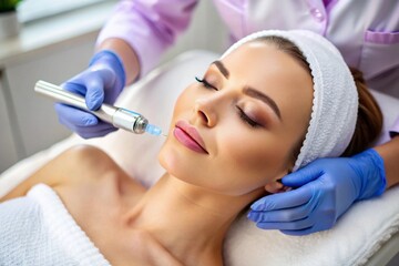 Wall Mural - A woman is getting a facial treatment with a blue light