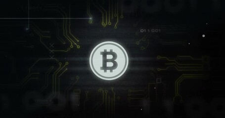 Wall Mural - Animation of bitcoin symbol with computer circuit board and data processing on black background