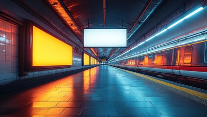 Poster - Subway Station Platform with Train and Neon Lights