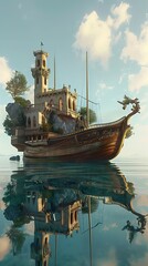 Canvas Print - Surreal Landscape: A Castle Ship Sailing on a Calm Sea