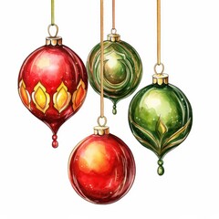 Festive red and green Christmas ornaments with intricate designs hanging gracefully.