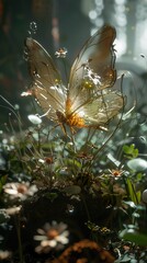 Sticker - Golden Butterfly in a Field of Daisies: A Dreamlike Illustration