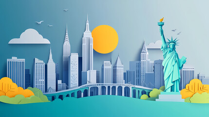 USA travel vector illustration. American city famous landmark background in paper cut art style.