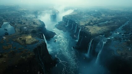 Wall Mural - animation misty aerial view of majestic waterfalls in rugged terrain generated with ai