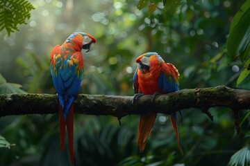 Two parrots are perched on a branch in a lush green forest, generative ai image