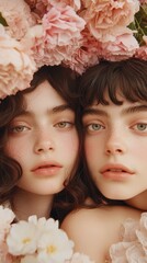 Canvas Print - Two girls with freckles and flowers on their heads