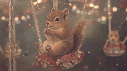 Canvas Print - A squirrel is sitting on a swing with flowers