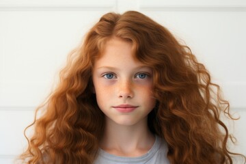 Close-up portrait of a beautiful red-haired girl with long curly hair.