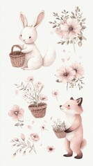 Wall Mural - A collection of watercolor illustrations of animals and flowers