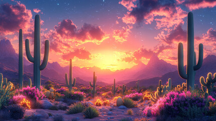 Poster - A desert landscape bathed in the warm glow of a setting sun, with towering cacti silhouetted against the vibrant sky.