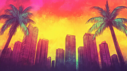 Poster - A vibrant watercolor illustration of a city skyline with palm trees in the foreground, bathed in warm sunset hues.