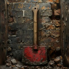 Sticker - Weathered Brick Wall with Rusty Vintage Shovel