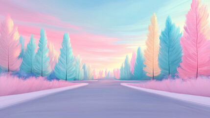 Sticker - A road winds through a dreamy forest with pink and blue trees.