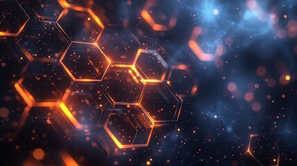 Abstract glowing hexagonal pattern with blue bokeh on a black background.