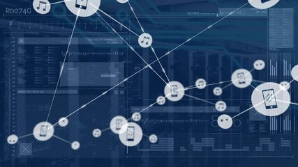 Canvas Print - Animation of network of connections with icons and data processing over server room