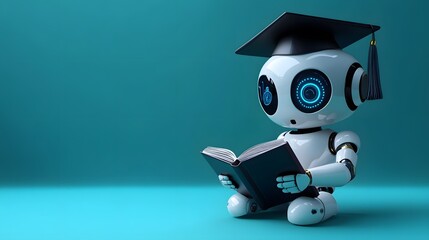 AI robot in graduation cap with book, education concept on colored background