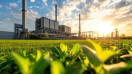 Nature and industry blend with sunlight illuminating a power plant at sunset.