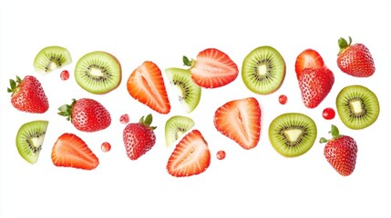 Wall Mural - A fresh collection of berries and sliced fruits, featuring strawberries and kiwi, isolated on white