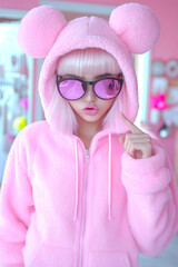 Sticker - A woman in a pink hoodie with a panda head and sunglasses. She is pointing to the camera