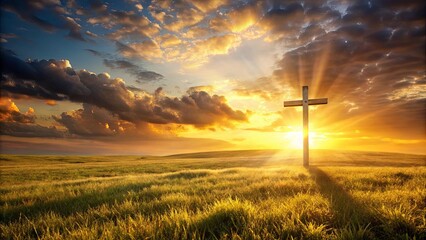 Wall Mural - a wooden cross stands tall in a field of golden grass, bathed in the warm glow of a setting sun, its