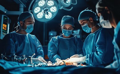 Wall Mural - A team of dedicated doctors performing surgery in an operating room with focus and precision under bright surgical lights