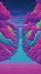 Sticker - A dreamy, surreal landscape with a pathway of clouds that lead to the horizon.