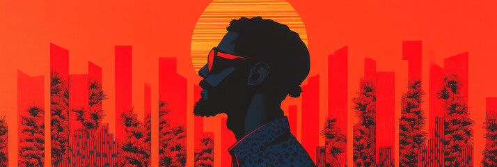 Wall Mural - Silhouette of a man wearing sunglasses against a red cityscape with a setting sun.