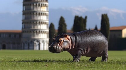 146. Baby pygmy hippo walking near the Tower of Pisa in Italy with the famous leaning structure visible in the background