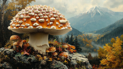 Sticker - A large, orange-capped mushroom with white spots stands tall on a rocky outcrop, surrounded by smaller mushrooms and fallen leaves. 