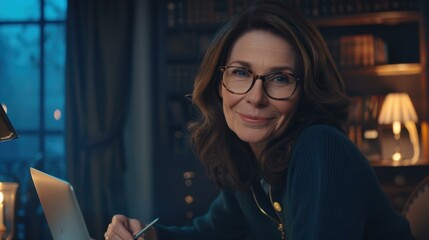 Poster - A smiling woman wearing glasses is sitting at a desk and writing in a notebook. AI.