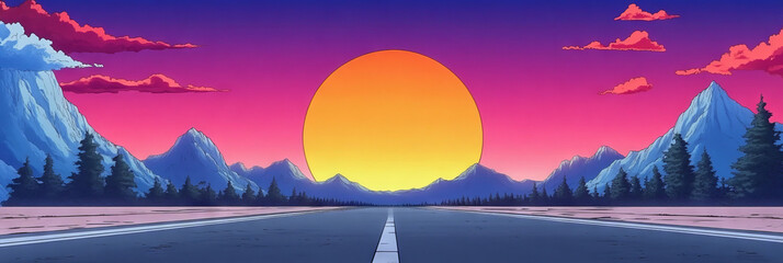 Poster - Sunset over mountain range with road leading into the distance.