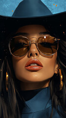 Wall Mural - Close-up portrait of a young woman wearing a wide-brimmed hat and sunglasses, her gaze is intense and alluring.